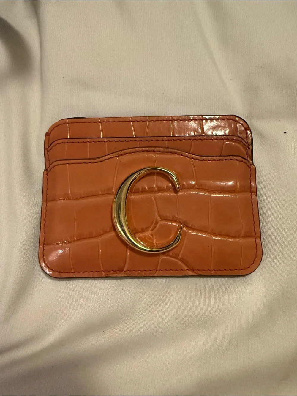 CHLOE Croc-Embossed Card Holder with Gold C Logo